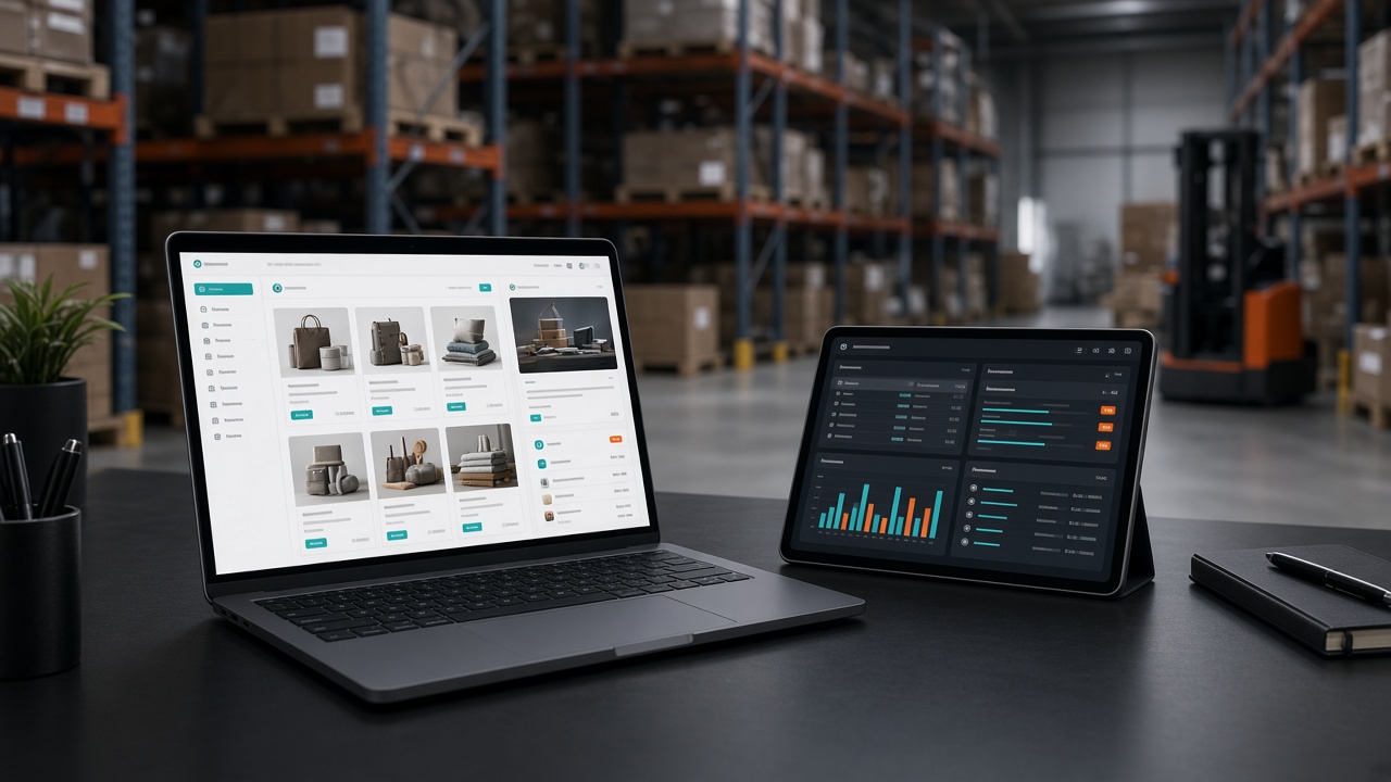 Connected online store and inventory dashboards inside a modern warehouse
