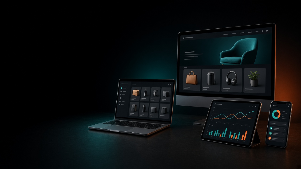E-commerce, operations, analytics, and mobile app interfaces across connected devices